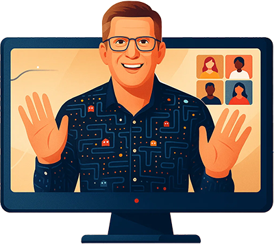 Illustration: Matthias im Zoom-Treffen mit vier Teilnehmern